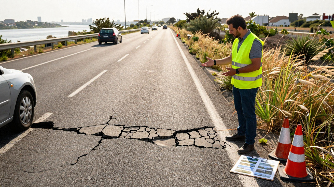 Homem com colete amarelo observa buraco grande e rachado numa estrada, cones de sinalização ao lado.