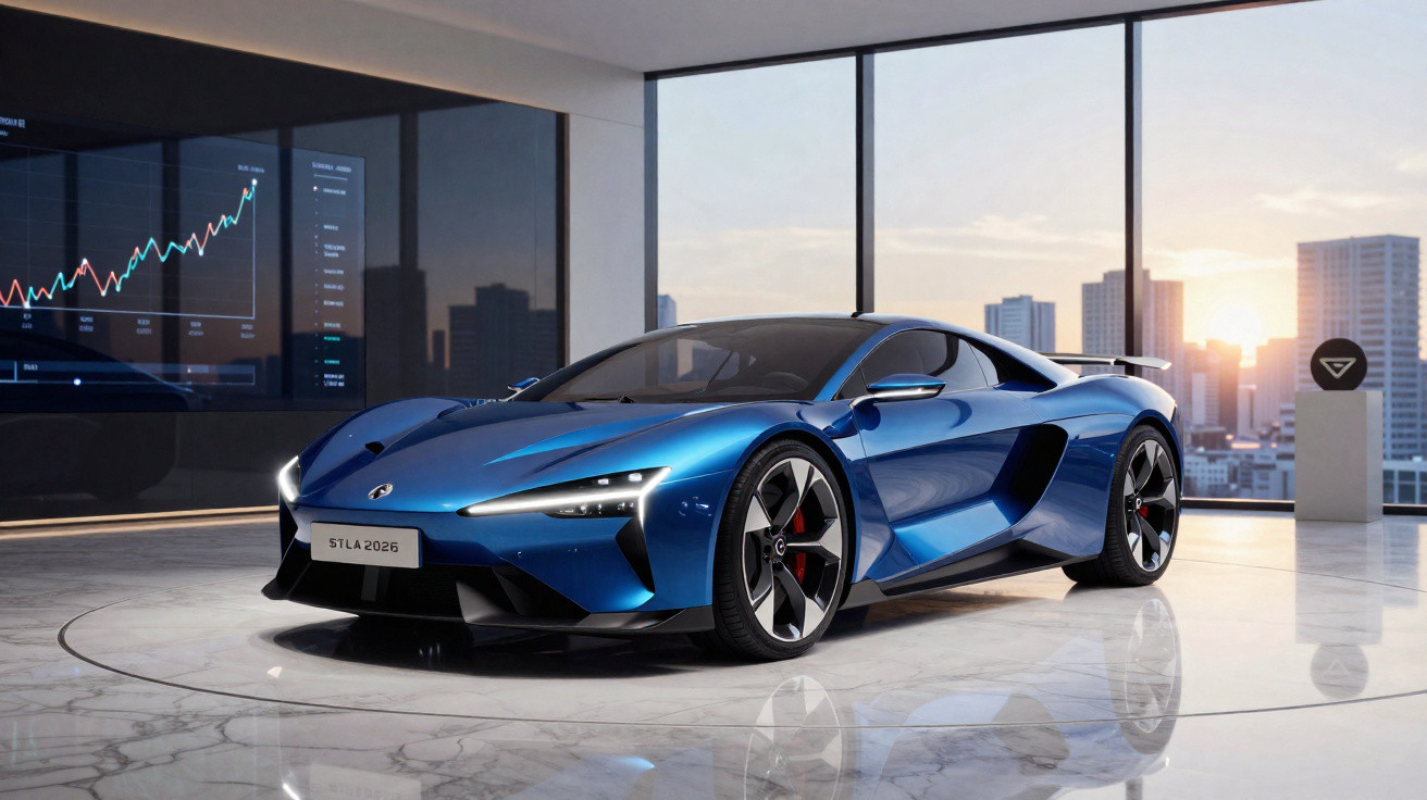 Carro desportivo elétrico azul num showroom moderno com grandes janelas e vista para a cidade ao pôr do sol.
