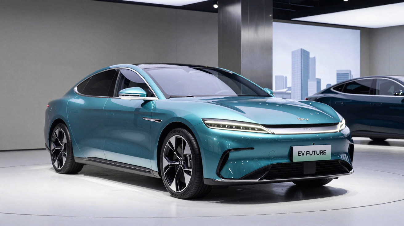 Carro eléctrico desportivo azul exposto em salão com design moderno e faróis LED estreitos.