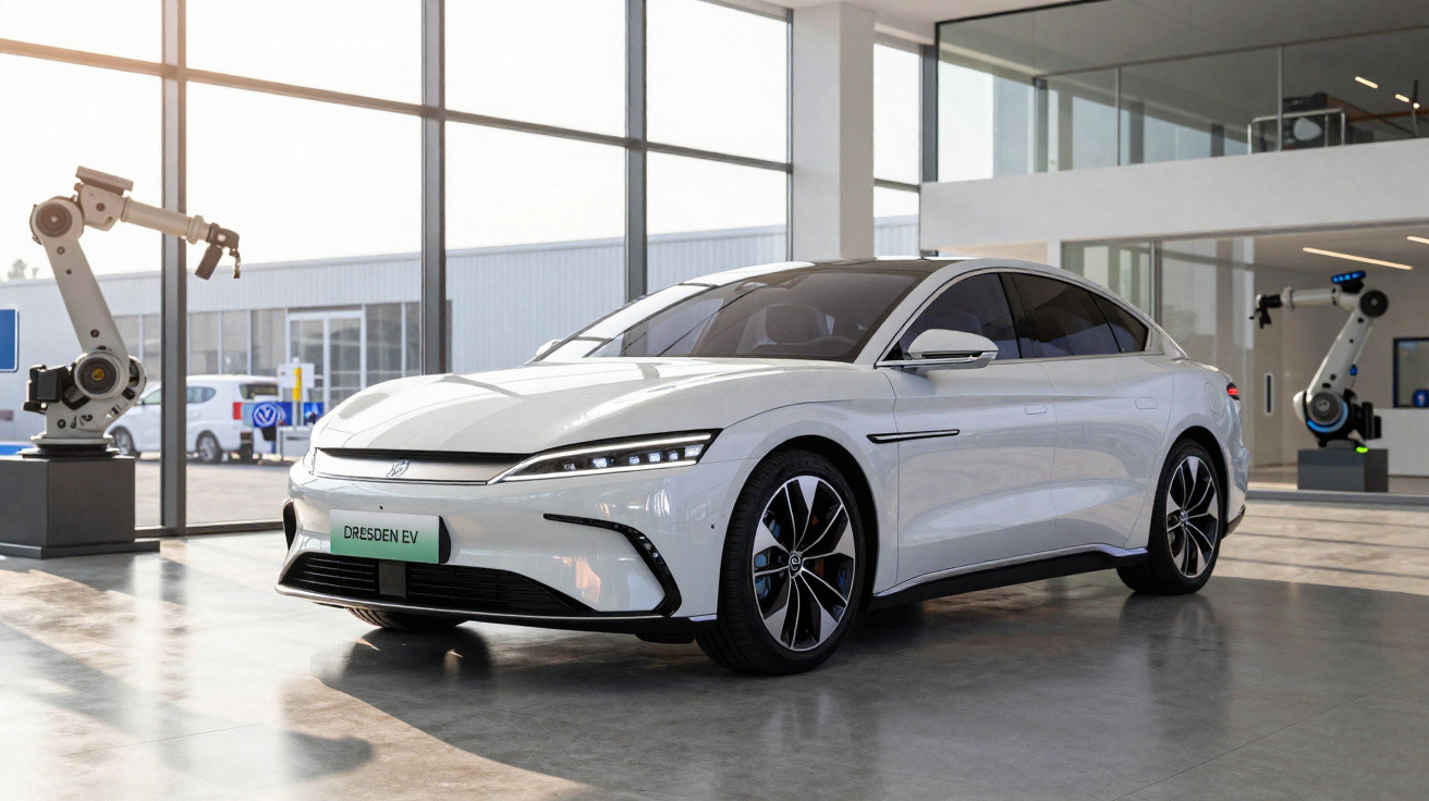 Carro eléctrico branco moderno estacionado numa sala de exposição com robôs industriais ao fundo.