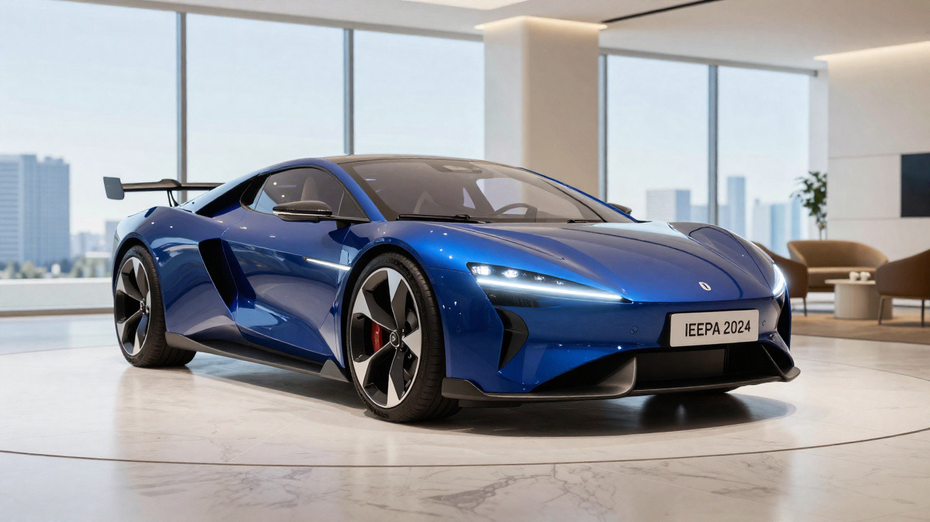 Carro desportivo azul elétrico IEEPA 2024 estacionado em showroom moderno com janelas grandes e vista urbana.