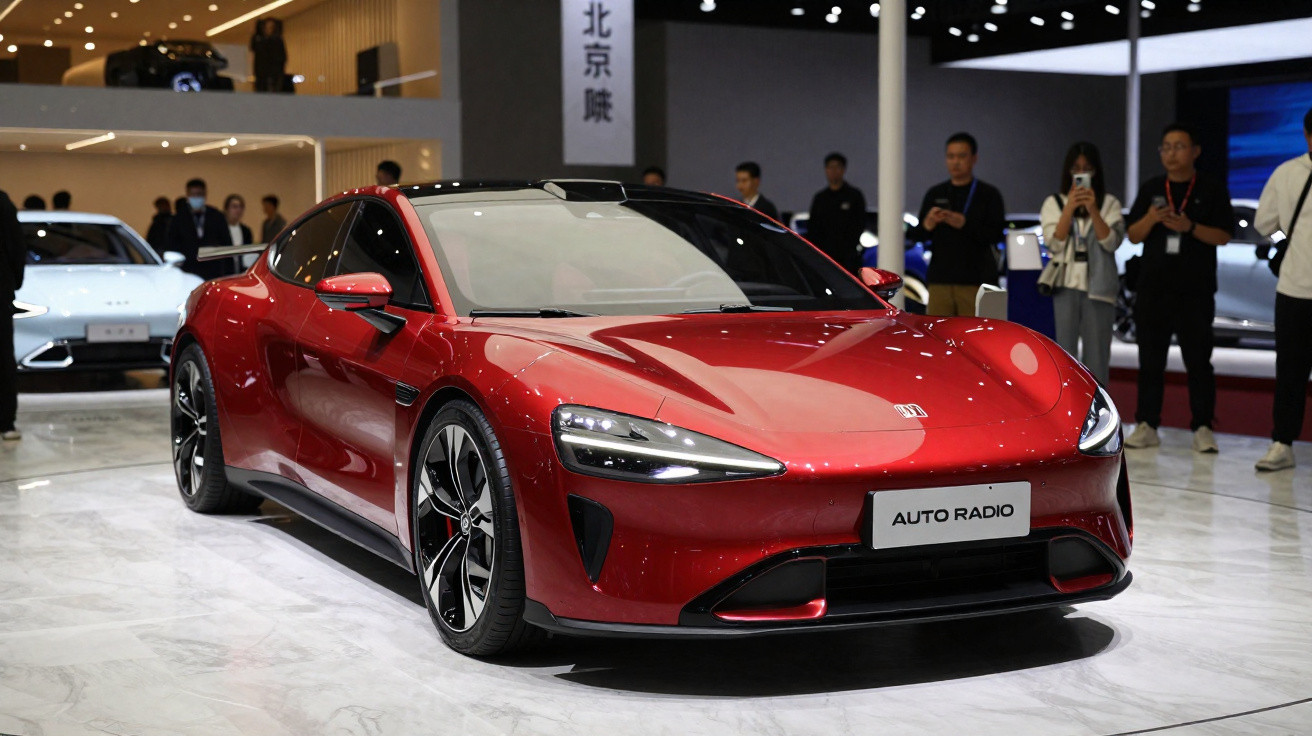 Carro desportivo elétrico vermelho exposto em salão automóvel com pessoas ao fundo.