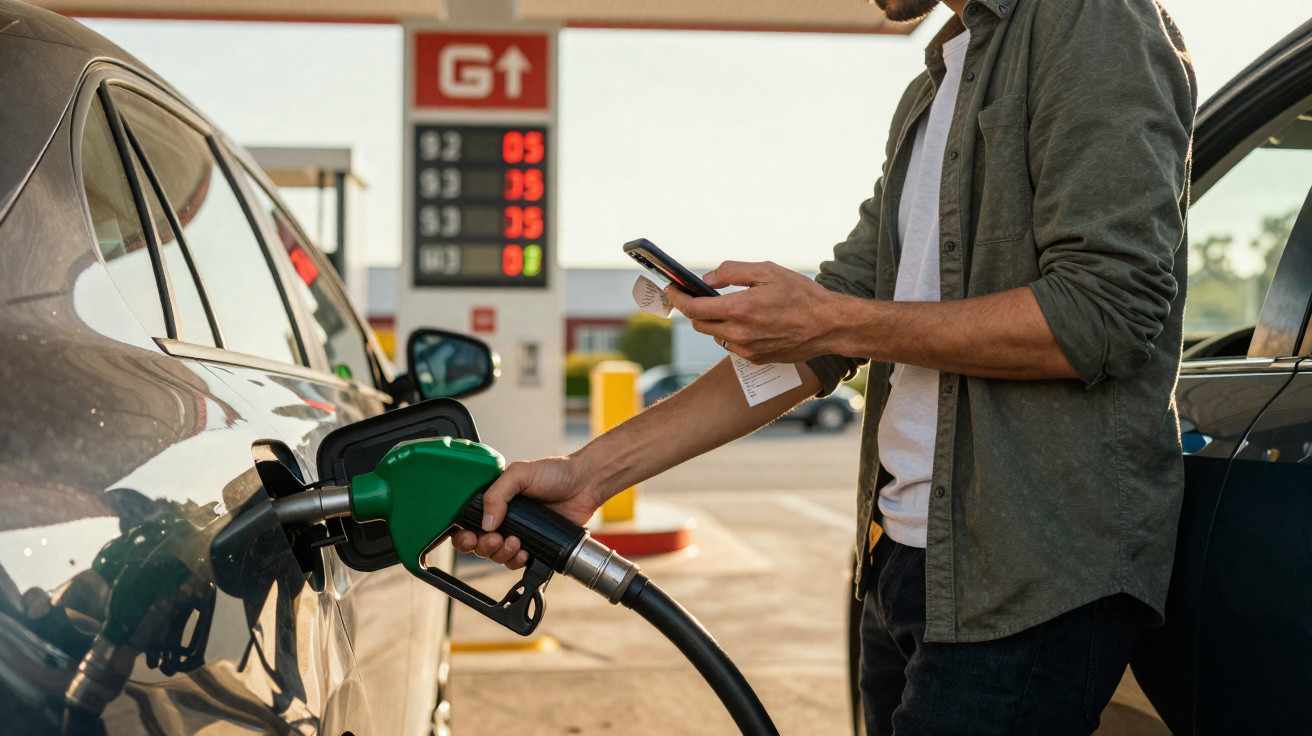 Homem com camisa verde a abastecer carro numa bomba de gasolina, segurando telemóvel e recibo.