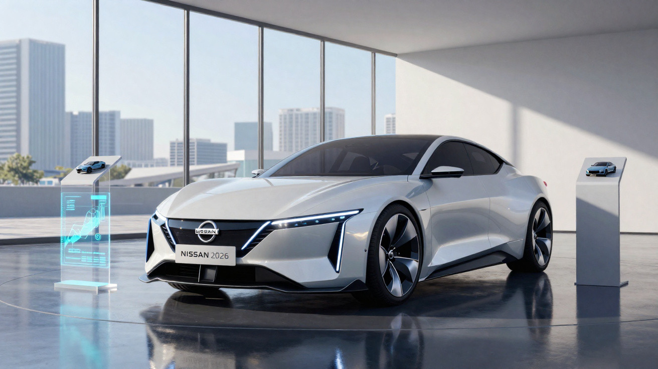Carro eléctrico Nissan 2026 branco, exposto numa galeria moderna com janelas grandes e skyline urbano.