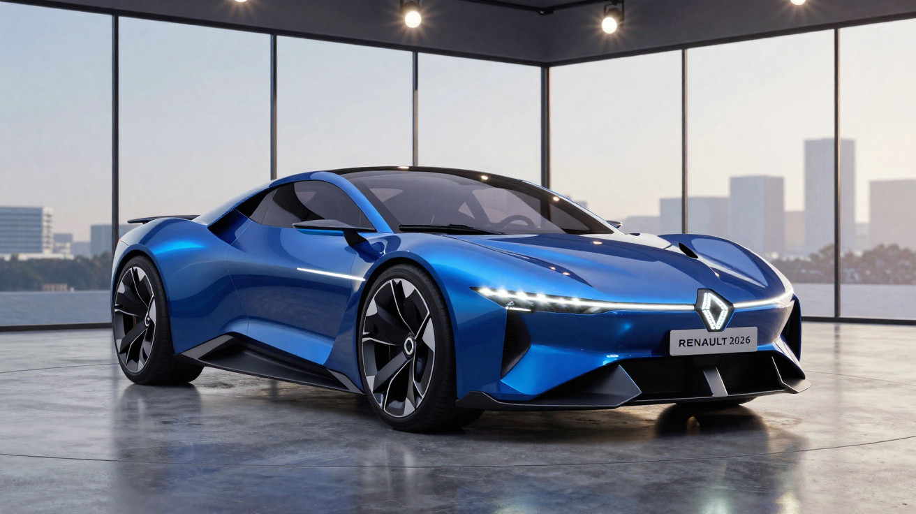 Automóvel desportivo azul elétrico Renault 2026 estacionado em espaço moderno com grandes janelas.