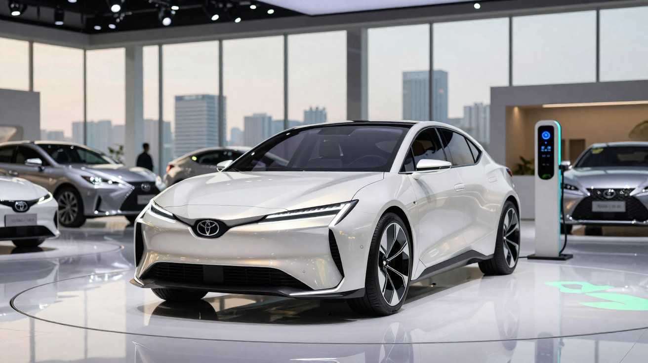Carro elétrico branco Toyota em exposição moderna, com estação de carregamento visível ao fundo.