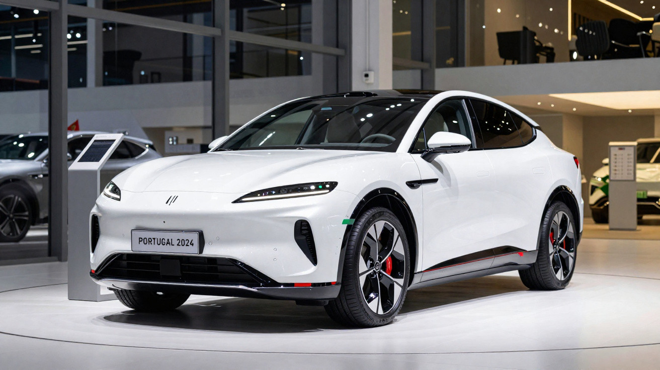 Carro elétrico branco moderno exposto numa sala de showroom com iluminação interior e placas "Portugal 2024".