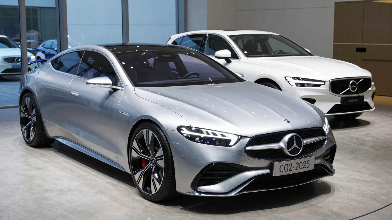 Dois carros de luxo estacionados num showroom, um Mercedes prata à frente e um Volvo branco ao fundo.