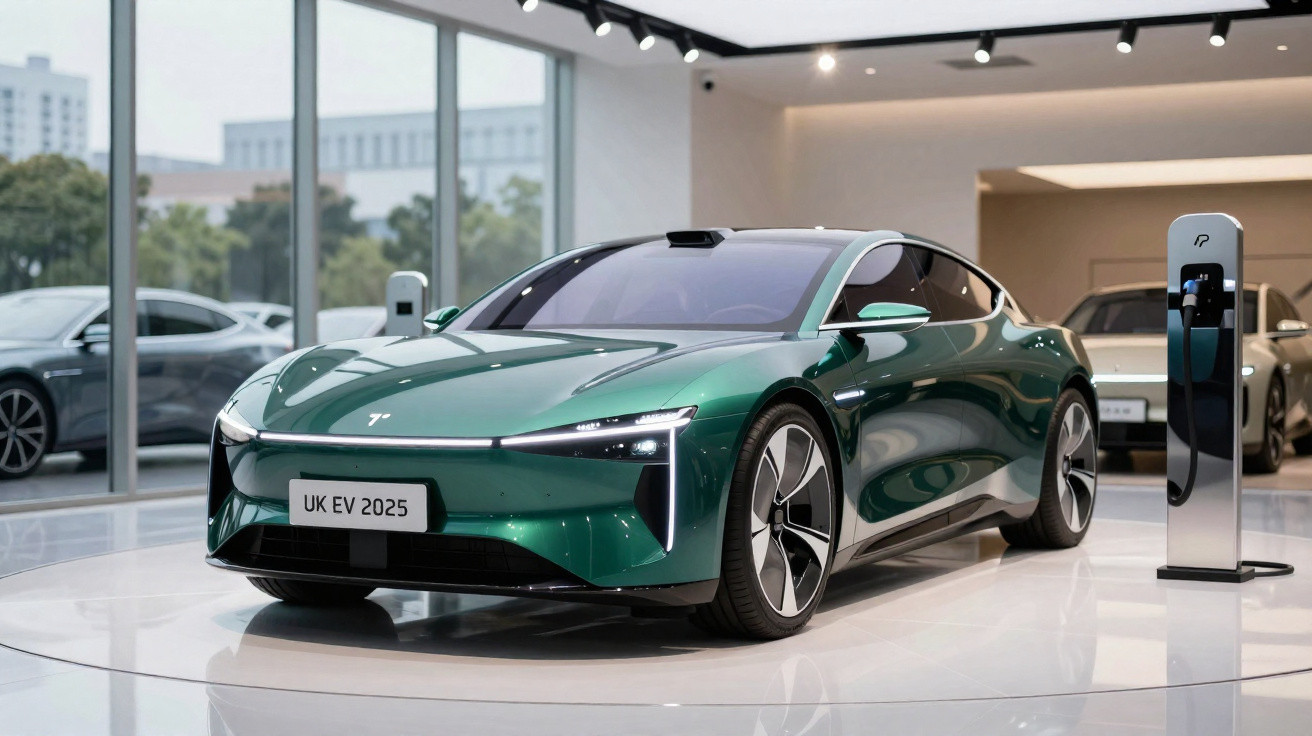 Automóvel elétrico verde metálico numa exposição, ligado a um posto de carregamento.