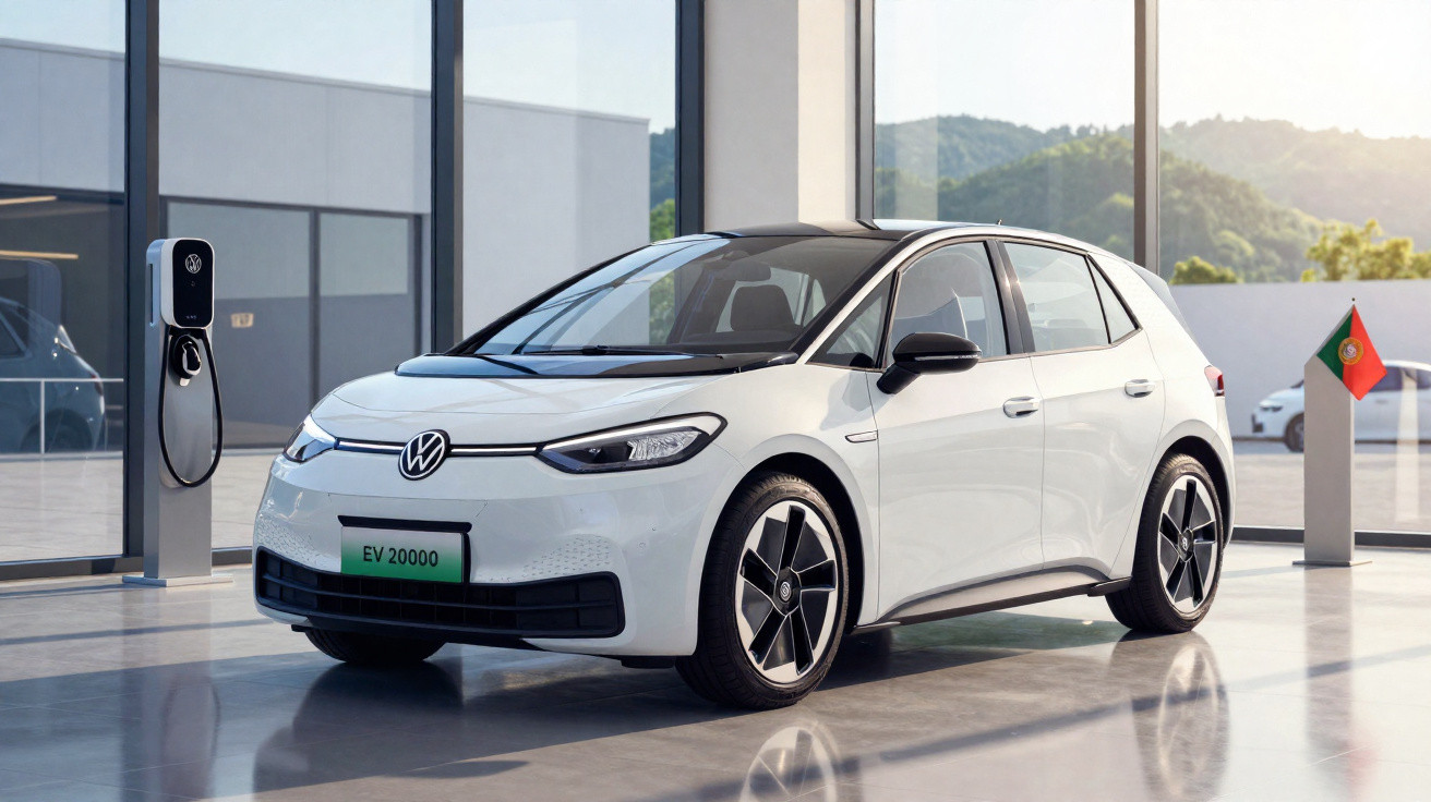 Carro elétrico branco Volkswagen estacionado em estação de carregamento com bandeira de Portugal ao fundo.