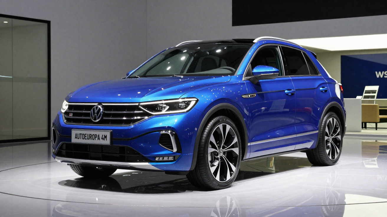 Carro Volkswagen azul, modelo SUV, exposto em stand com luz branca refletida no chão brilhante.