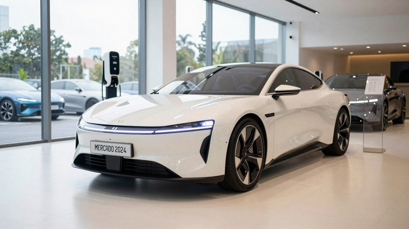 Carro elétrico branco moderno numa exposição, com janela grande e outros carros ao fundo.