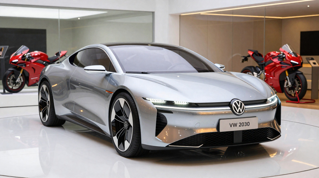 Carro elétrico prateado Volkswagen modelo VW 2030 em exposição, com motos vermelhas ao fundo.