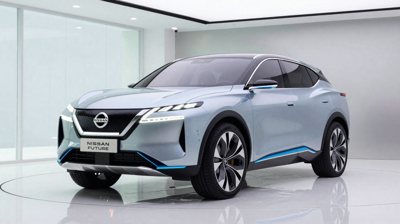 Carro elétrico concept Nissan Future cinza em estúdio com design moderno e linhas aerodinâmicas.