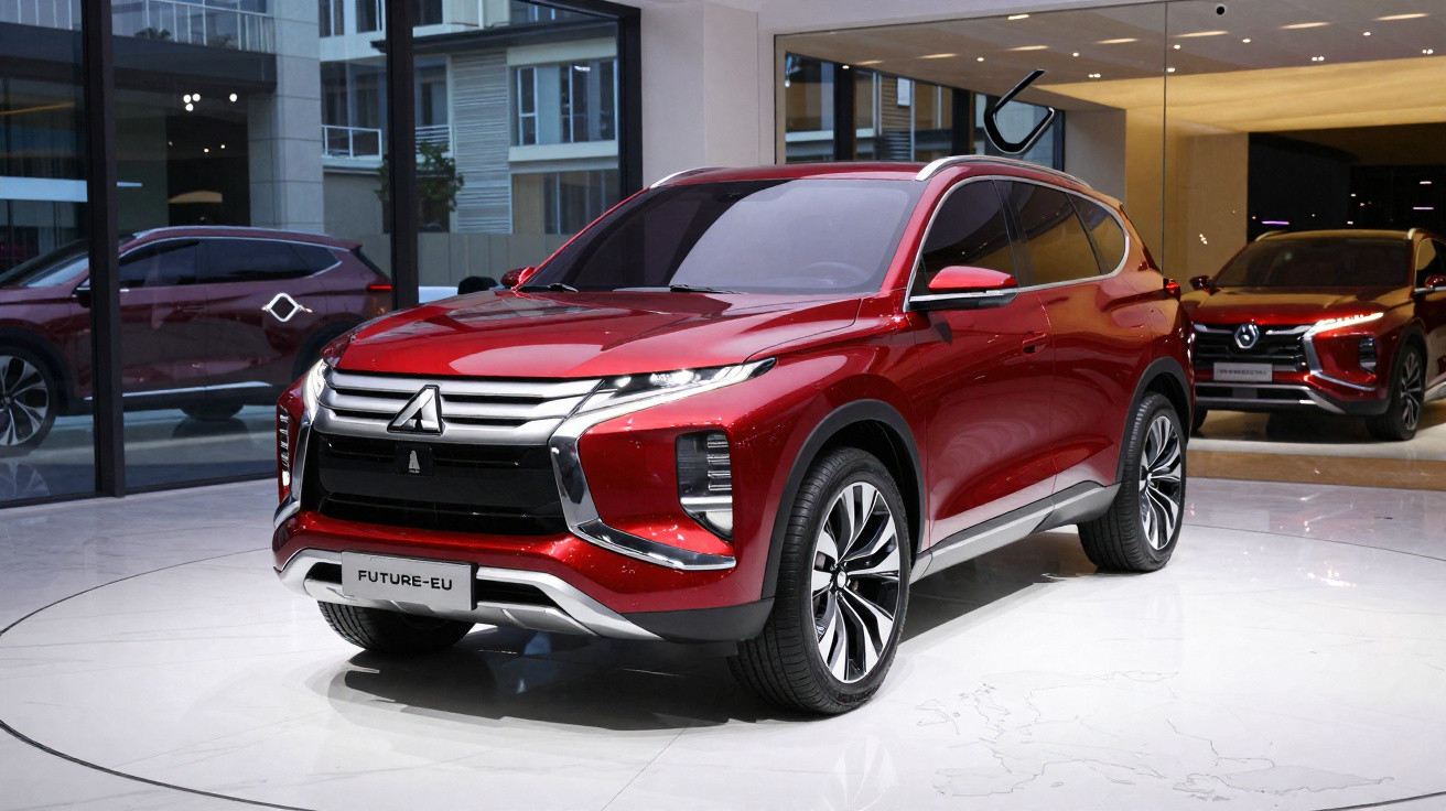 SUV vermelho Mitsubishi Future-EU em exposição numa sala moderna com chão branco e grandes janelas.