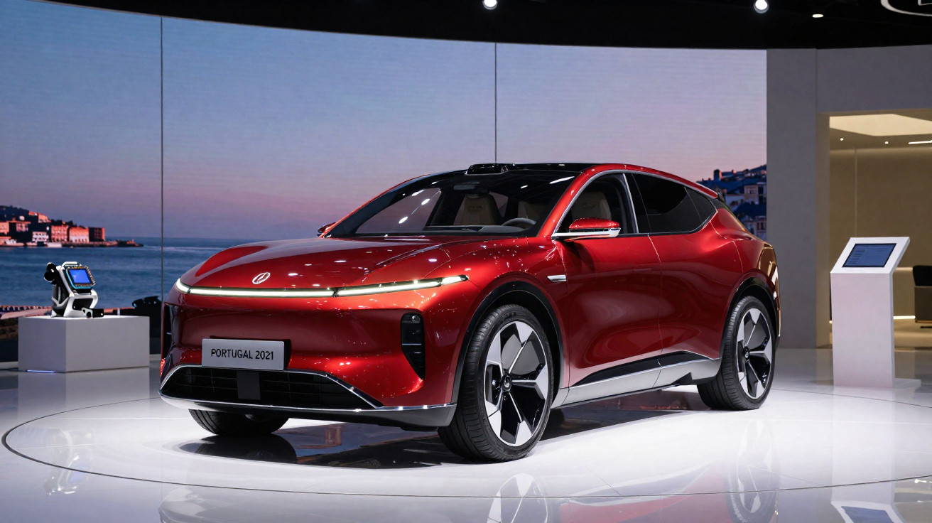 Carro elétrico moderno vermelho exposto em plataforma rotativa com placa "Portugal 2021" em exposição automóvel.
