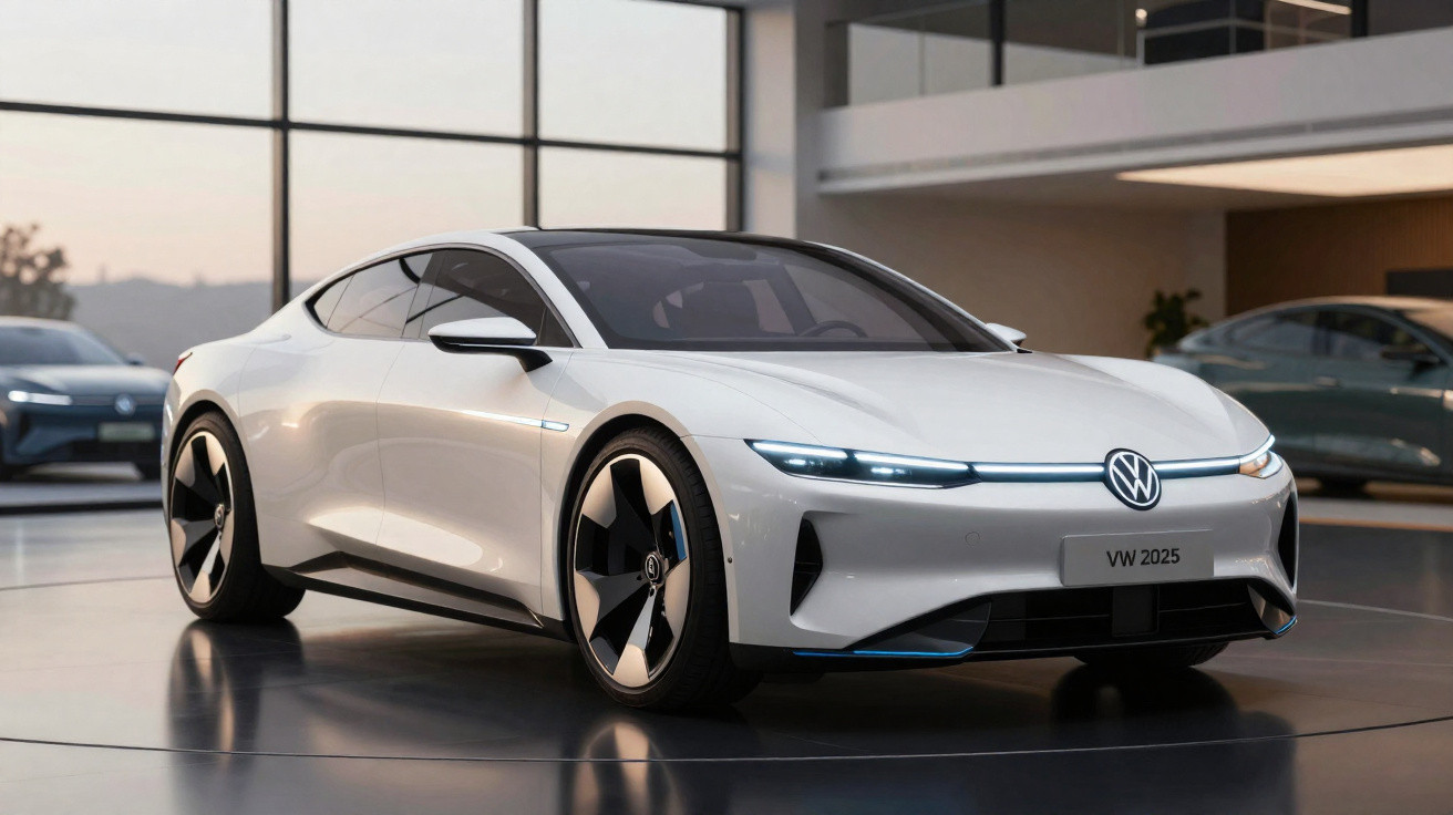 Carro elétrico branco Volkswagen futurista num showroom moderno com jantes aerodinâmicas e luzes LED.