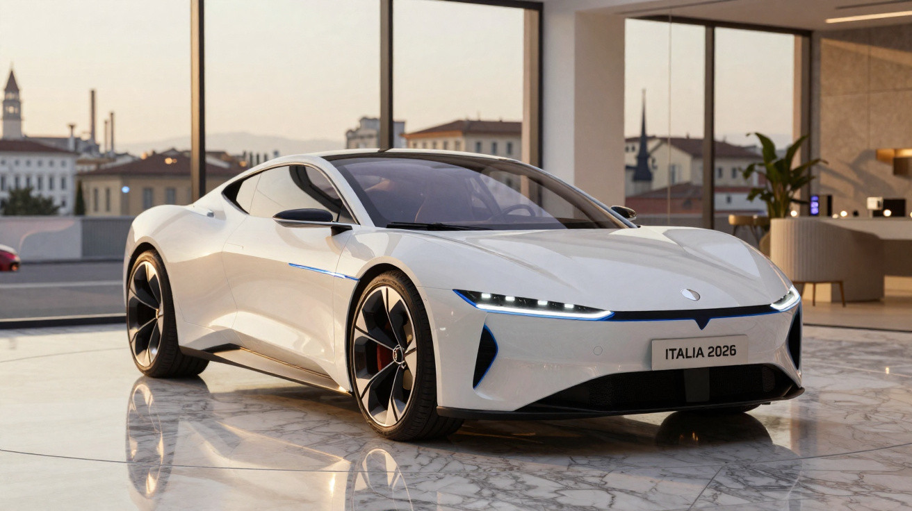 Carro desportivo branco futurista estacionado em chão de mármore num espaço moderno com vista para a cidade.