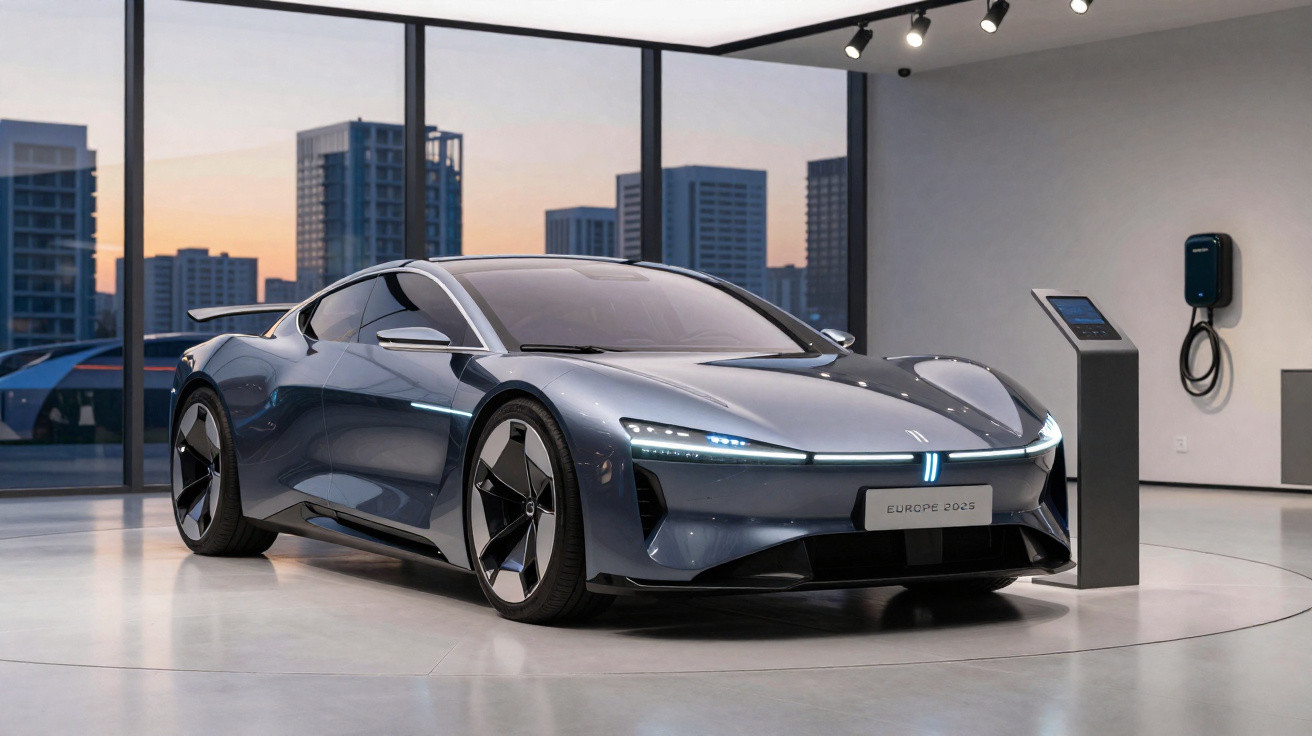 Carro elétrico desportivo cinzento estacionado em sala moderna com vista urbana ao entardecer.