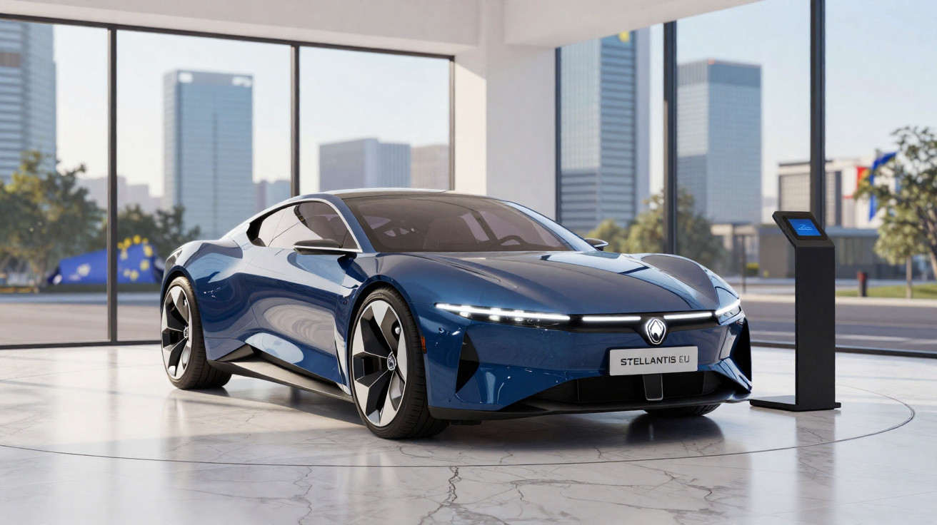 Carro desportivo elétrico azul estacionado em showroom moderno com vidros grandes e edifícios ao fundo.
