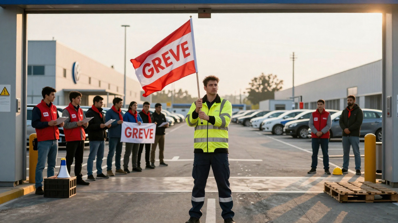 Trabalhadores em greve, um homem com colete amarelo segura bandeira vermelha com palavra "GREVE" em parque industrial.
