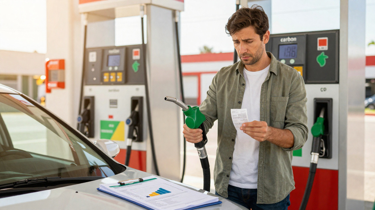 Homem a encher o carro com gasolina numa bomba de combustível, consultando um recibo e documentos no capot.