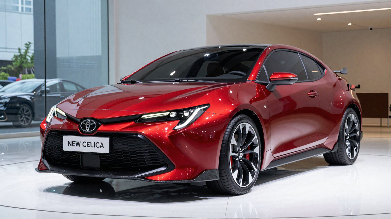 Carro desportivo vermelho Toyota New Celica apresentado em showroom moderno com iluminação suave.