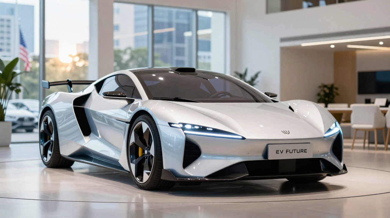 Carro desportivo elétrico moderno prateado, modelo EV FUTURE, exibido num salão contemporâneo.