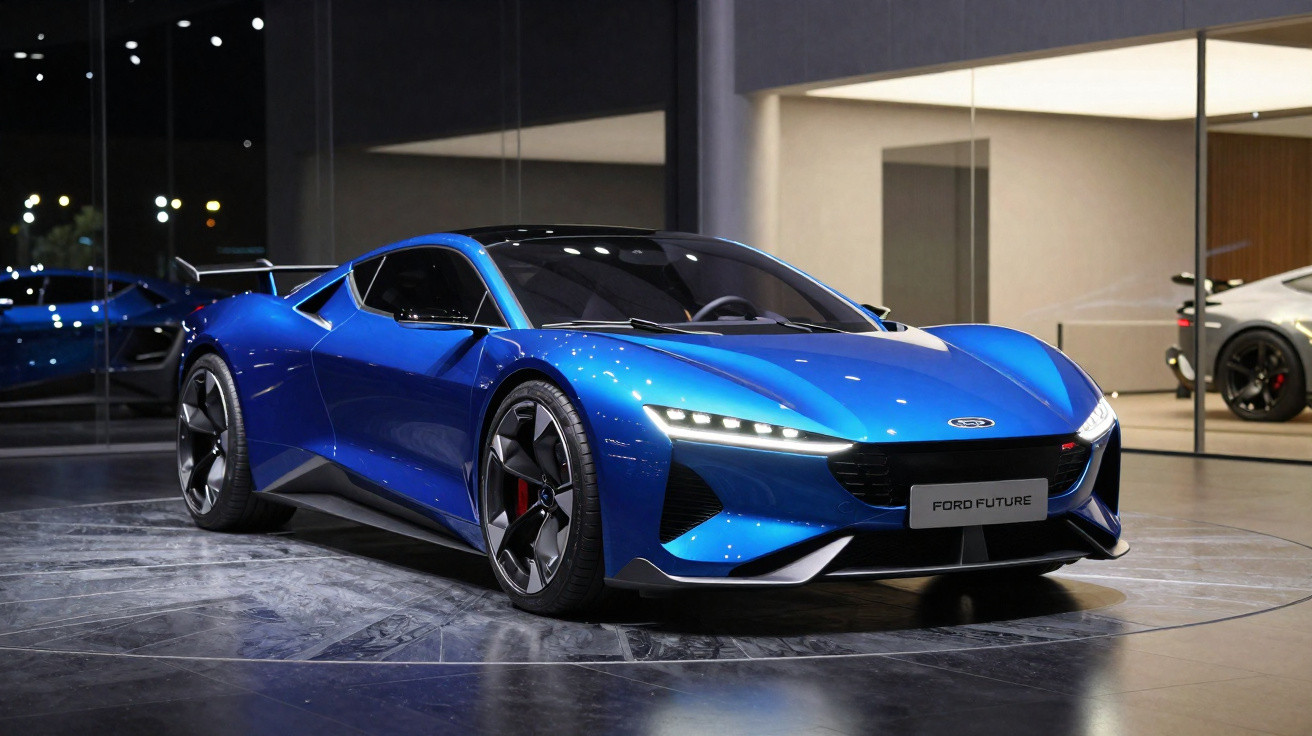 Carro desportivo elétrico azul Ford Future com design futurista e luzes LED, exibido em showroom moderno.