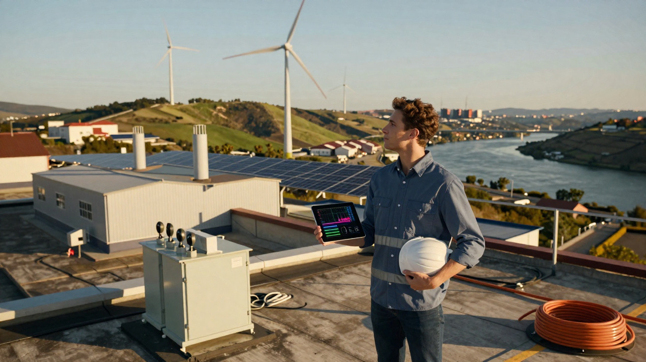 Homem numa cobertura com turbinas eólicas e painéis solares, segurando capacete e tablet com gráfico.