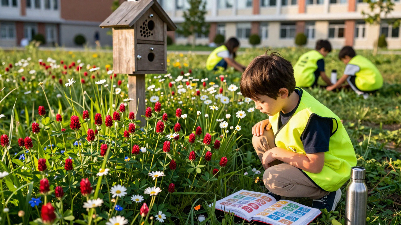 Criança a ler livro na relva perto de flores e casa de passarinho, com outras crianças ao fundo, em ambiente escolar.