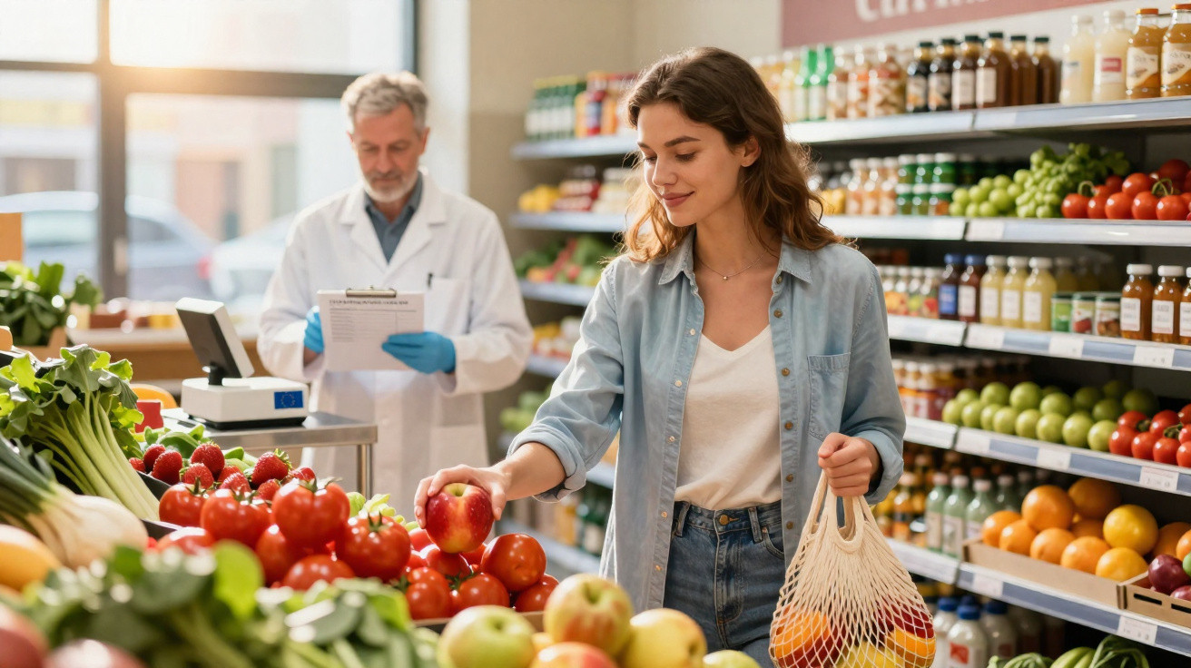Mulher a escolher maçã numa secção de frutas e legumes, homem ao fundo a verificar lista num mercado.