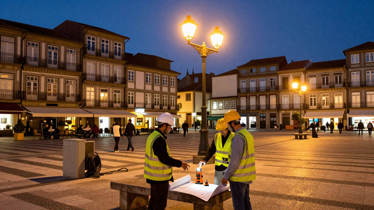 Três trabalhadores com coletes e capacetes analisam plantas numa praça iluminada ao anoitecer.