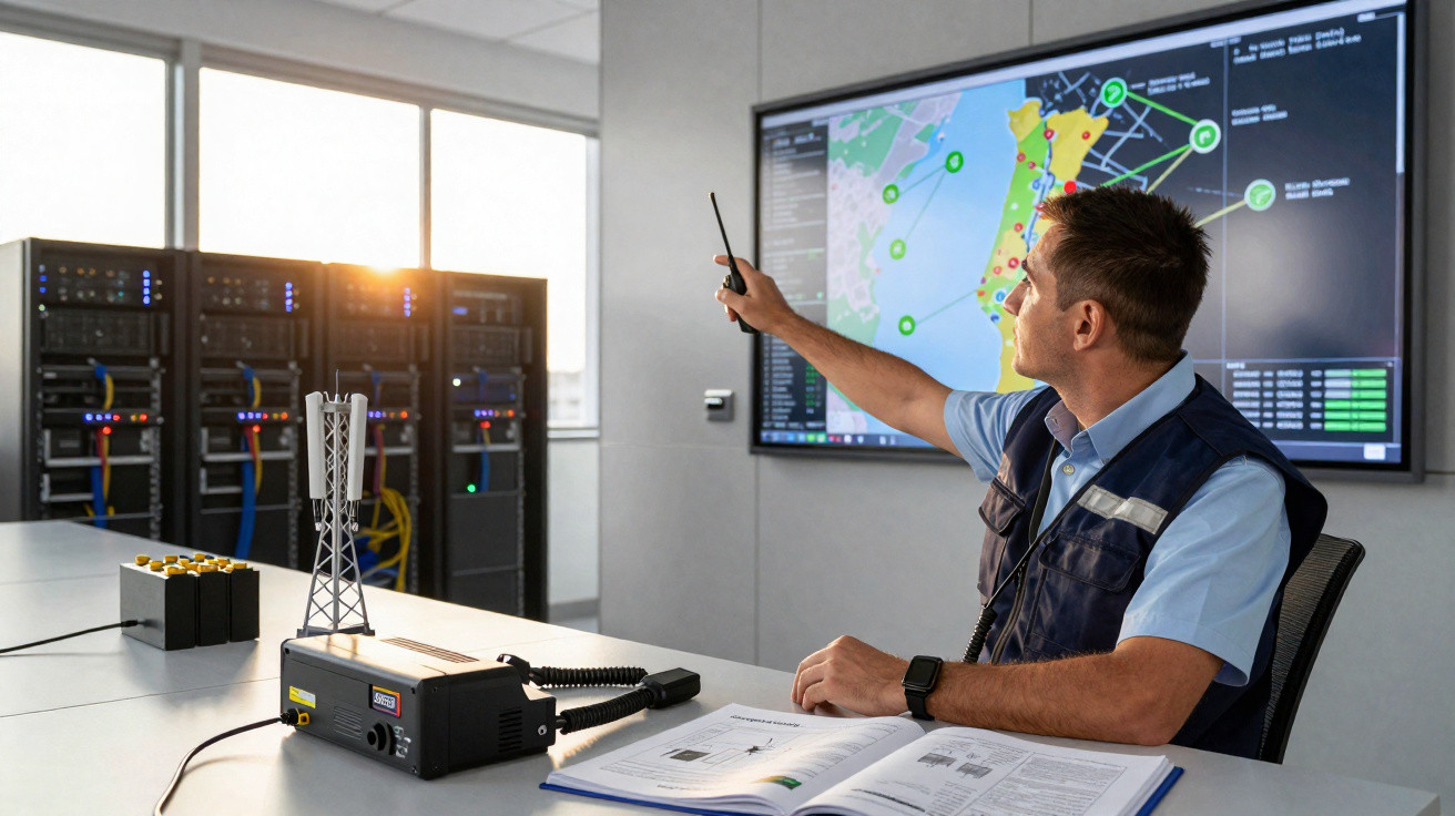 Homem operativo em centro de controlo, a apontar mapa digital com redes de comunicação e equipamentos no escritório.