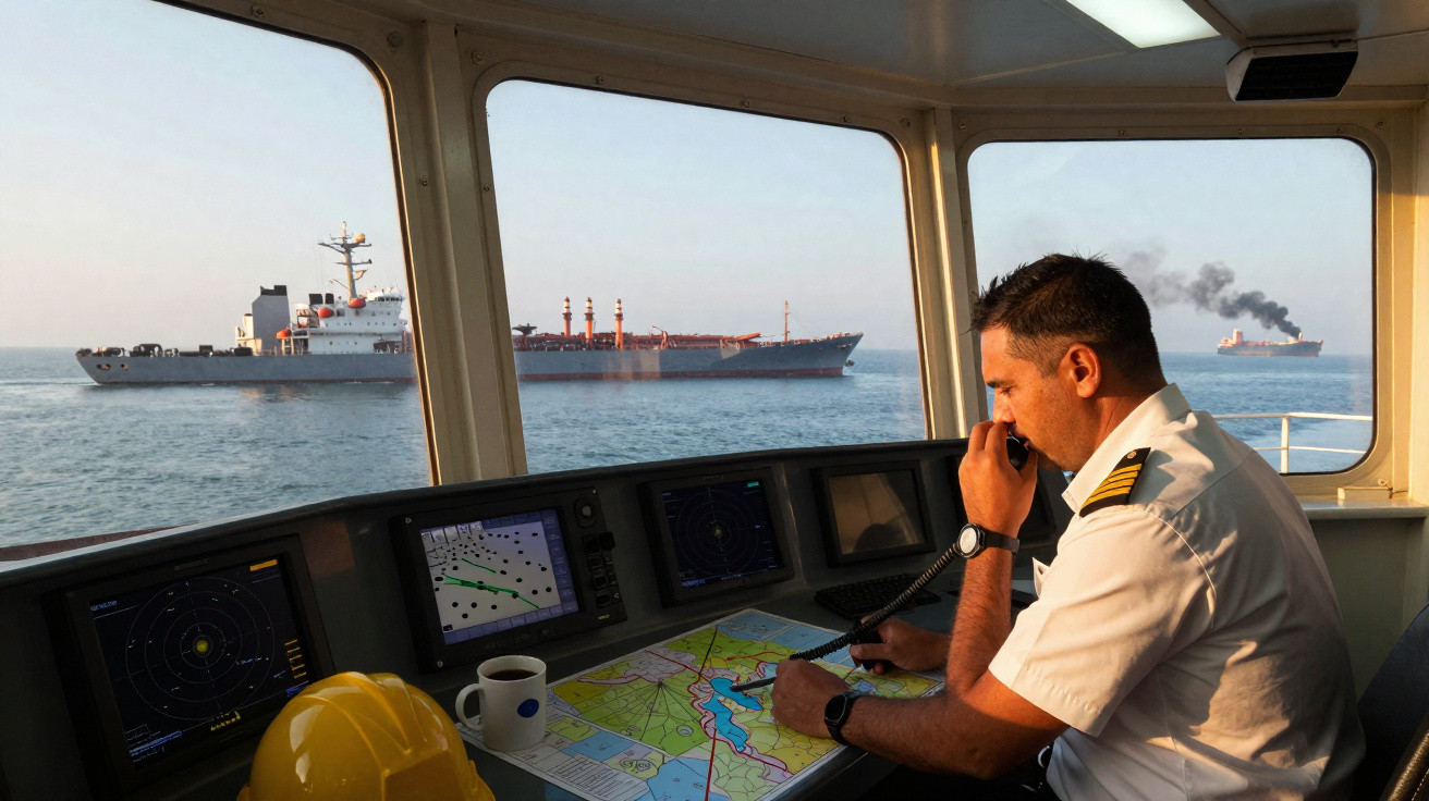 Homem em uniforme naval a comunicar por rádio na ponte de comando com navios a navegar no mar à vista.