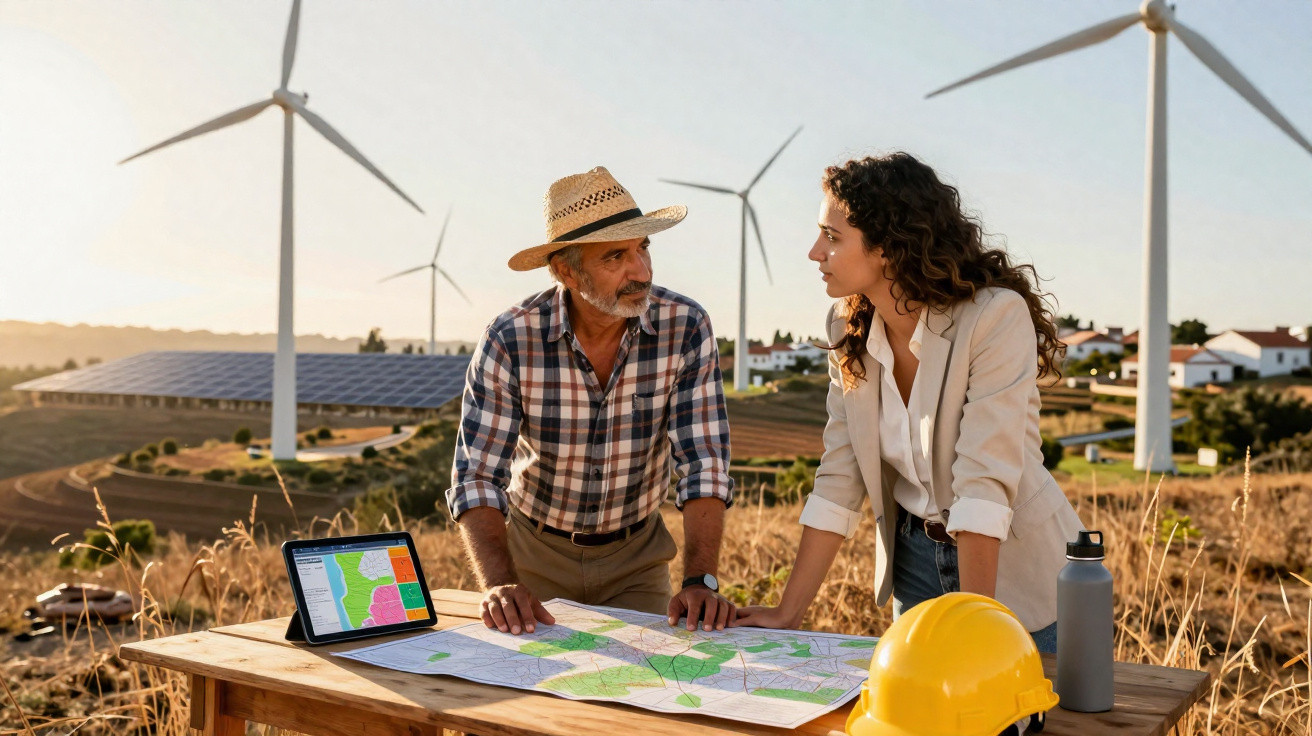 Dois profissionais analisam mapas numa mesa ao ar livre, com turbinas eólicas e painéis solares ao fundo.