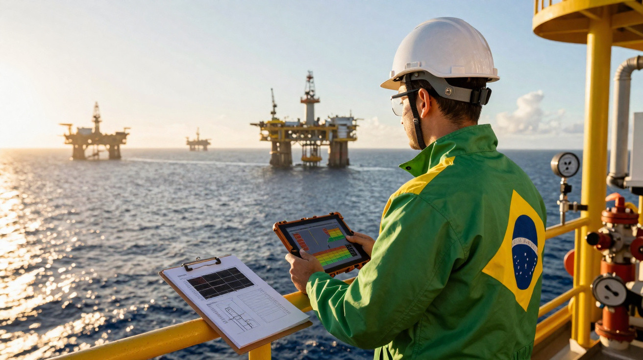 Trabalhador de petrolífera com equipamento de segurança inspeciona plataforma offshore ao pôr do sol.