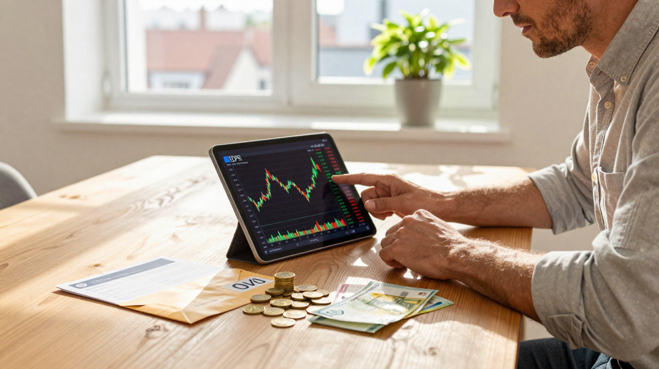 Homem analisa gráficos financeiros num tablet, com moedas e notas em cima de mesa em ambiente iluminado.