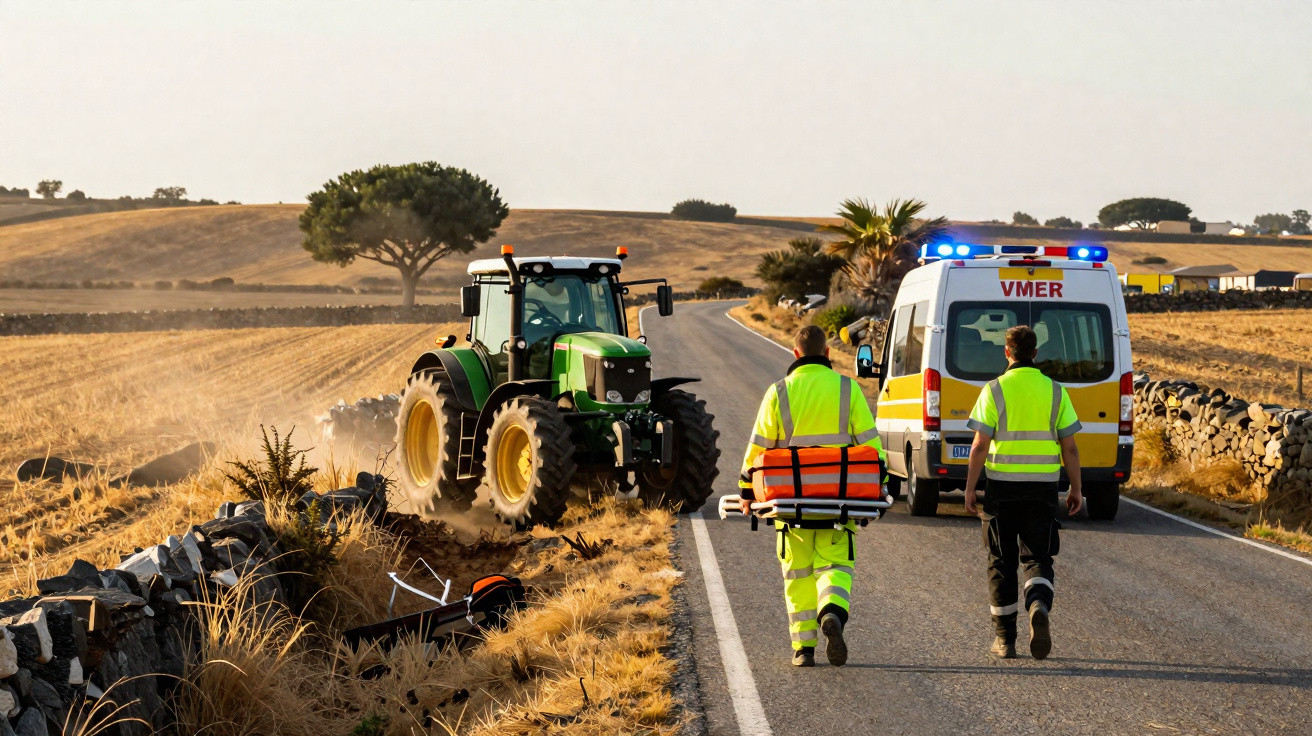 Ambulância e socorristas caminham em estrada onde trator está junto a carrinho tombado num campo seco.
