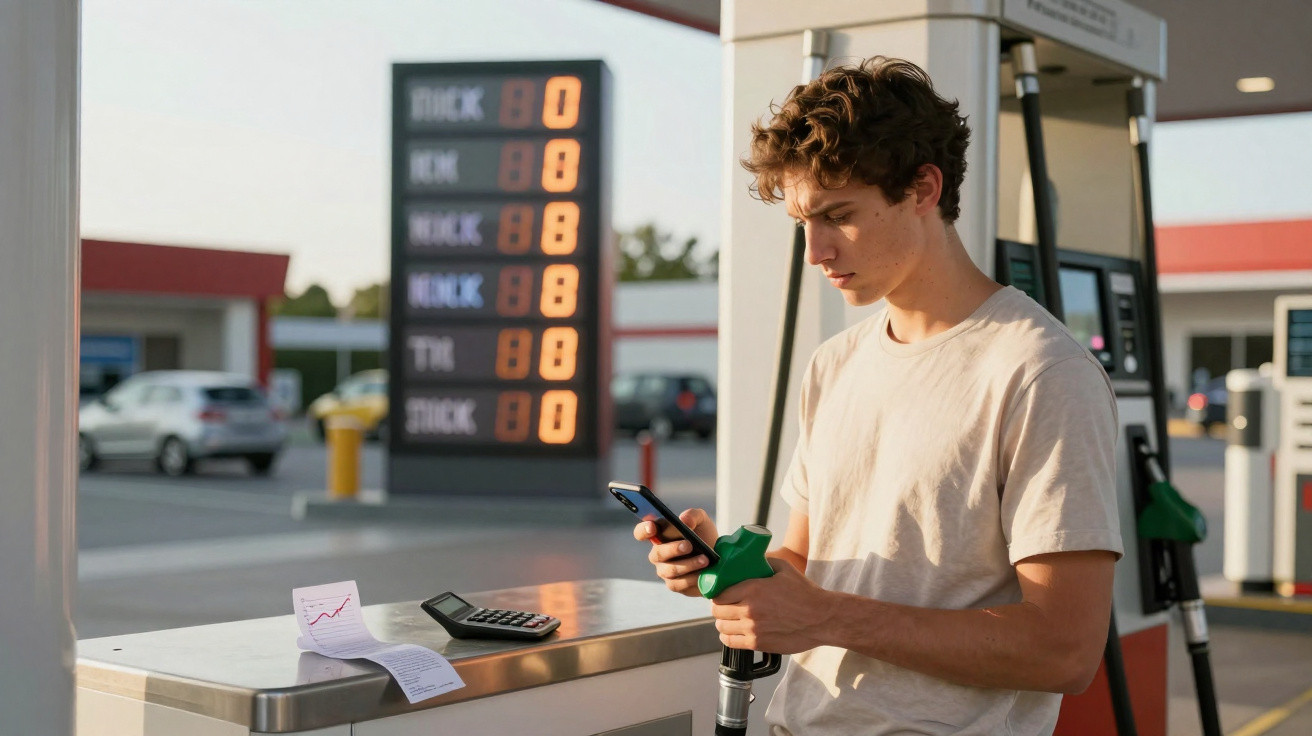 Jovem com bocal de gasolina na mão consulta telemóvel numa bomba de combustível ao final do dia.