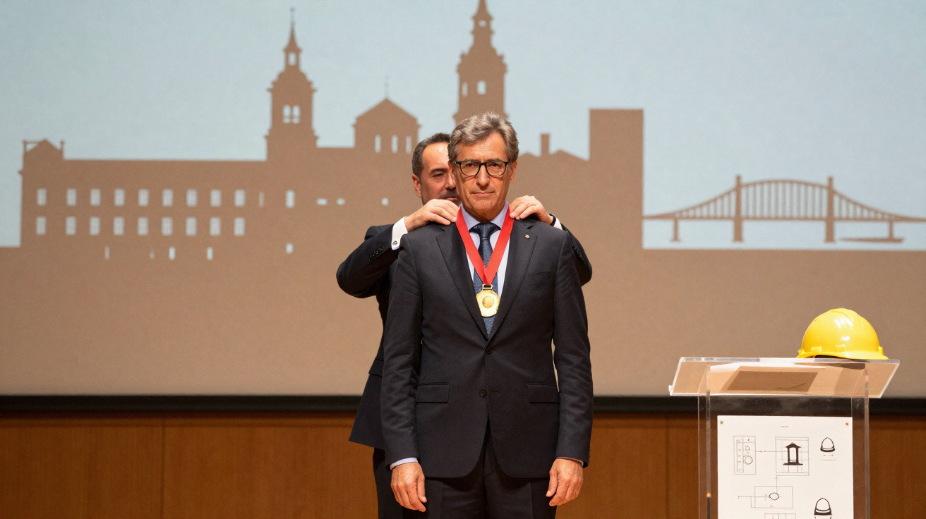 Homem recebe medalha numa cerimónia, com fundo projetado de estátuas e pontes e capacete amarelo numa mesa ao lado.