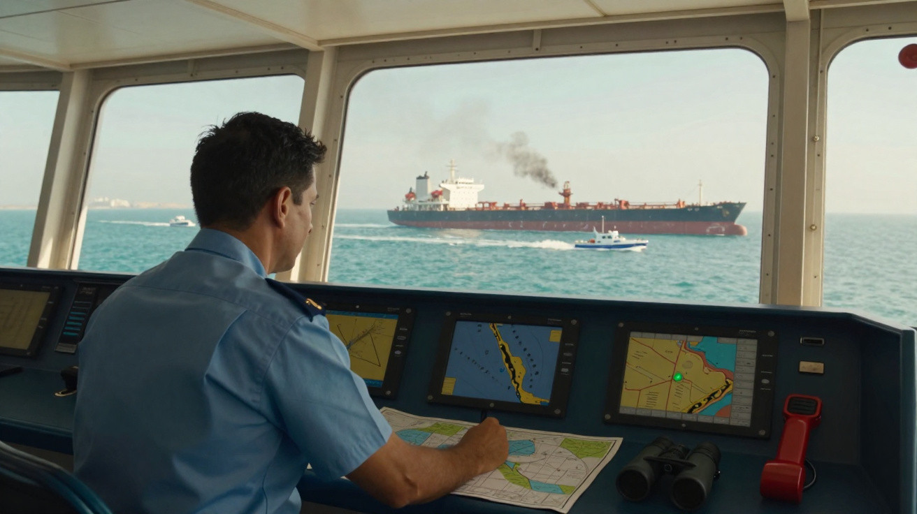 Homem em uniforme naval a navegar um navio com vista para outro navio no mar através da janela.