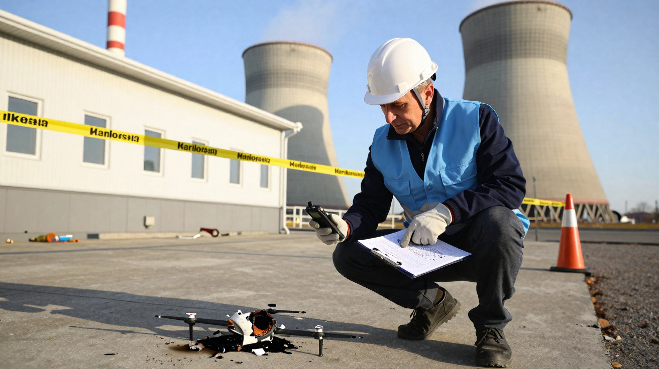 Engenheiro com capacete e colete azul examina drone avariado junto a central nuclear com torres de arrefecimento.