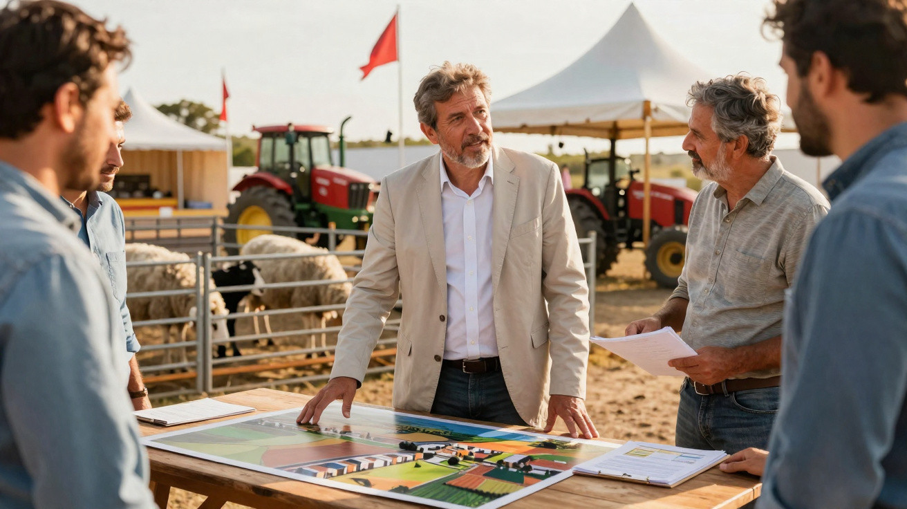 Homens discutem projeto agrícola junto a mesa com mapas, com tratores e ovelhas ao fundo numa quinta.