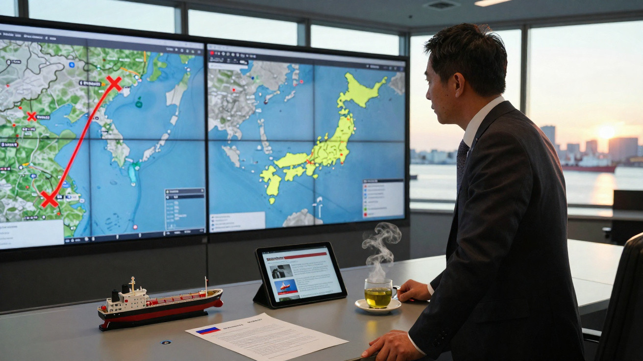 Homem de negócios observa mapas estratégicos e rota marítima em monitores numa sala de reuniões moderna.