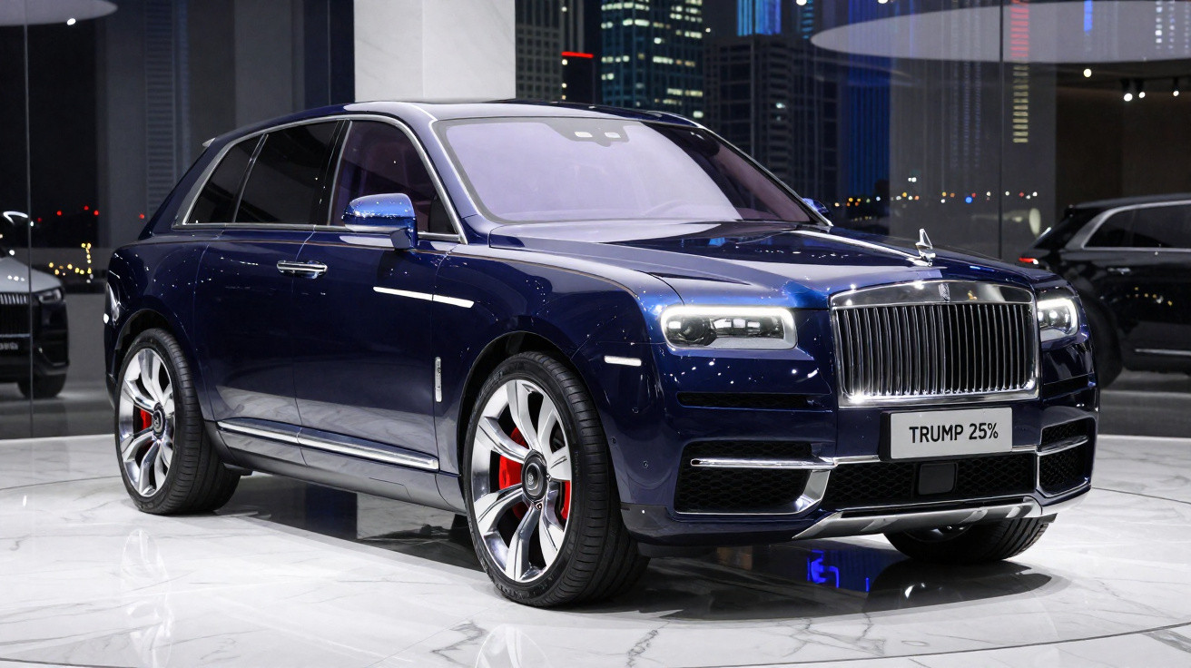 SUV de luxo Rolls-Royce azul escuro estacionado em interior com piso de mármore e prédios iluminados ao fundo.