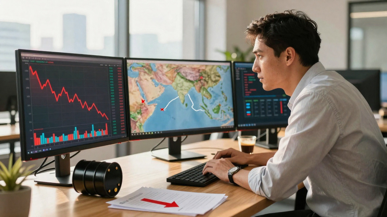 Homem ao computador em escritório a analisar gráficos financeiros e mapas em três ecrãs.