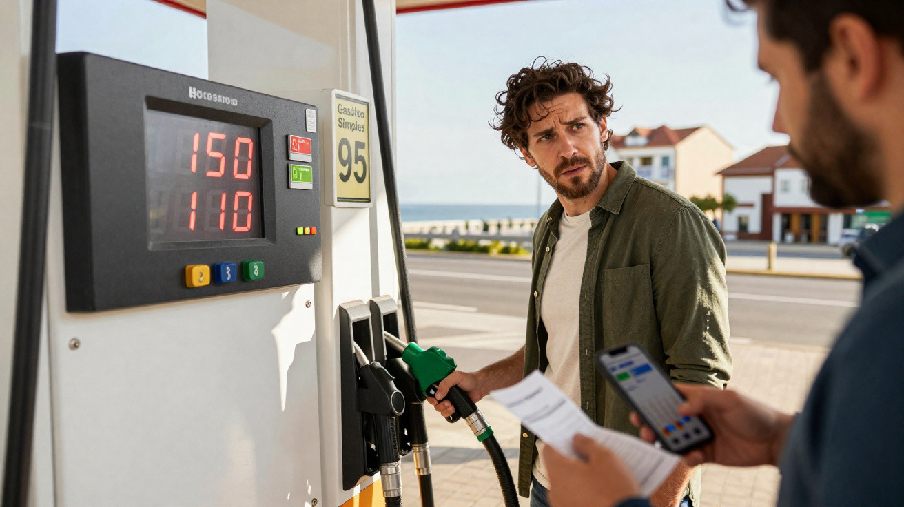 Homem com expressão preocupada a segurar buzina de combustível numa bomba de gasolina, conversando com outro homem.