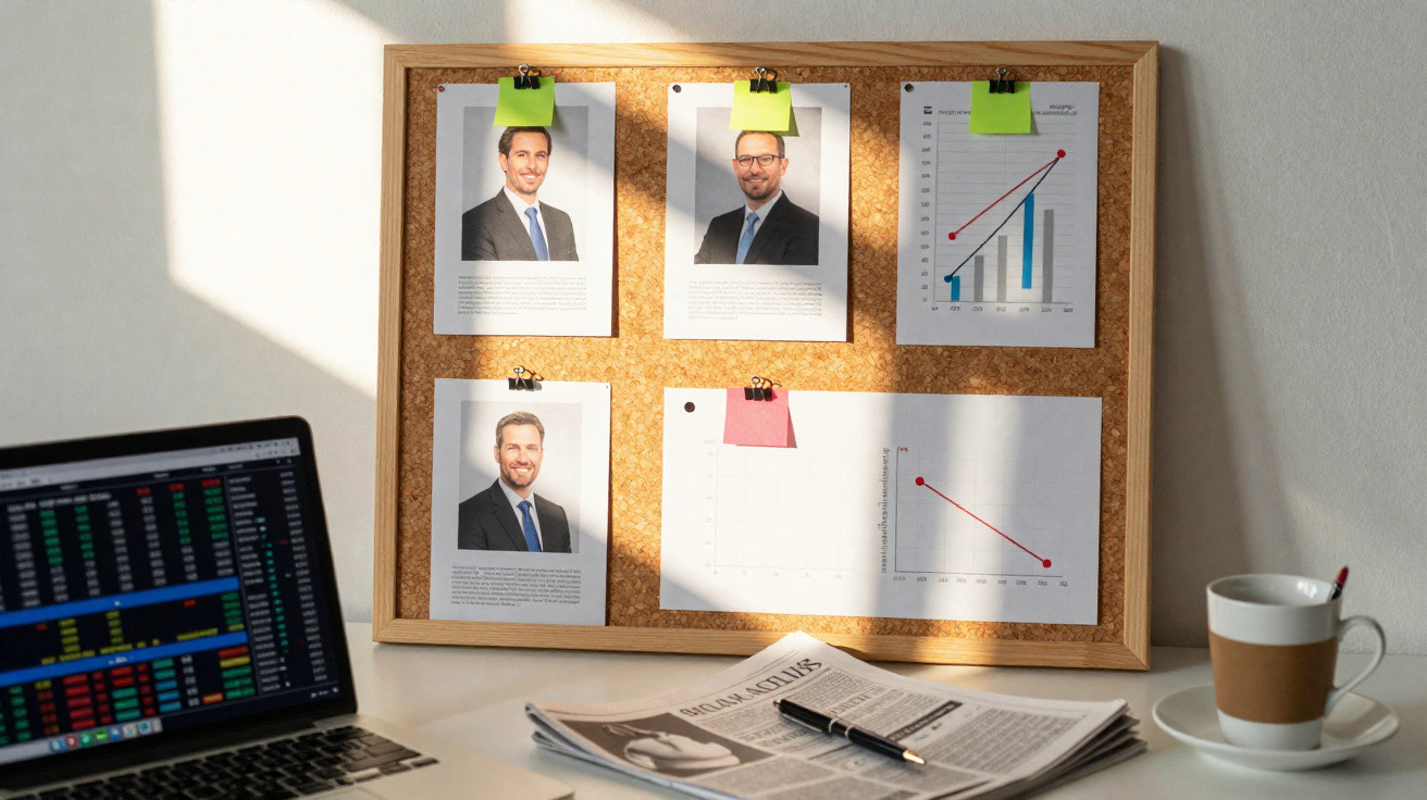 Quadro de cortiça com fotos de homens, gráficos, computador portátil, jornal e chávena numa mesa.