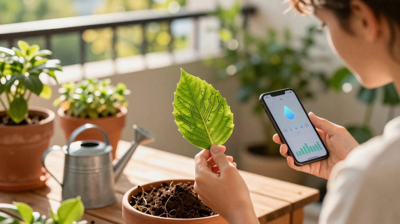 Pessoa a analisar folha com circuito tecnológico e a usar telemóvel com app de monitorização de água.